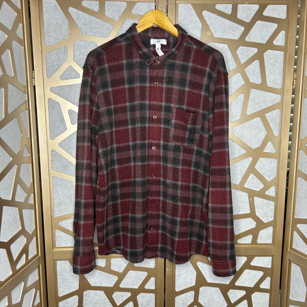 Plaid Button-Down Knit Flannel Shirt - Burgundy - Grey Bill Plaid